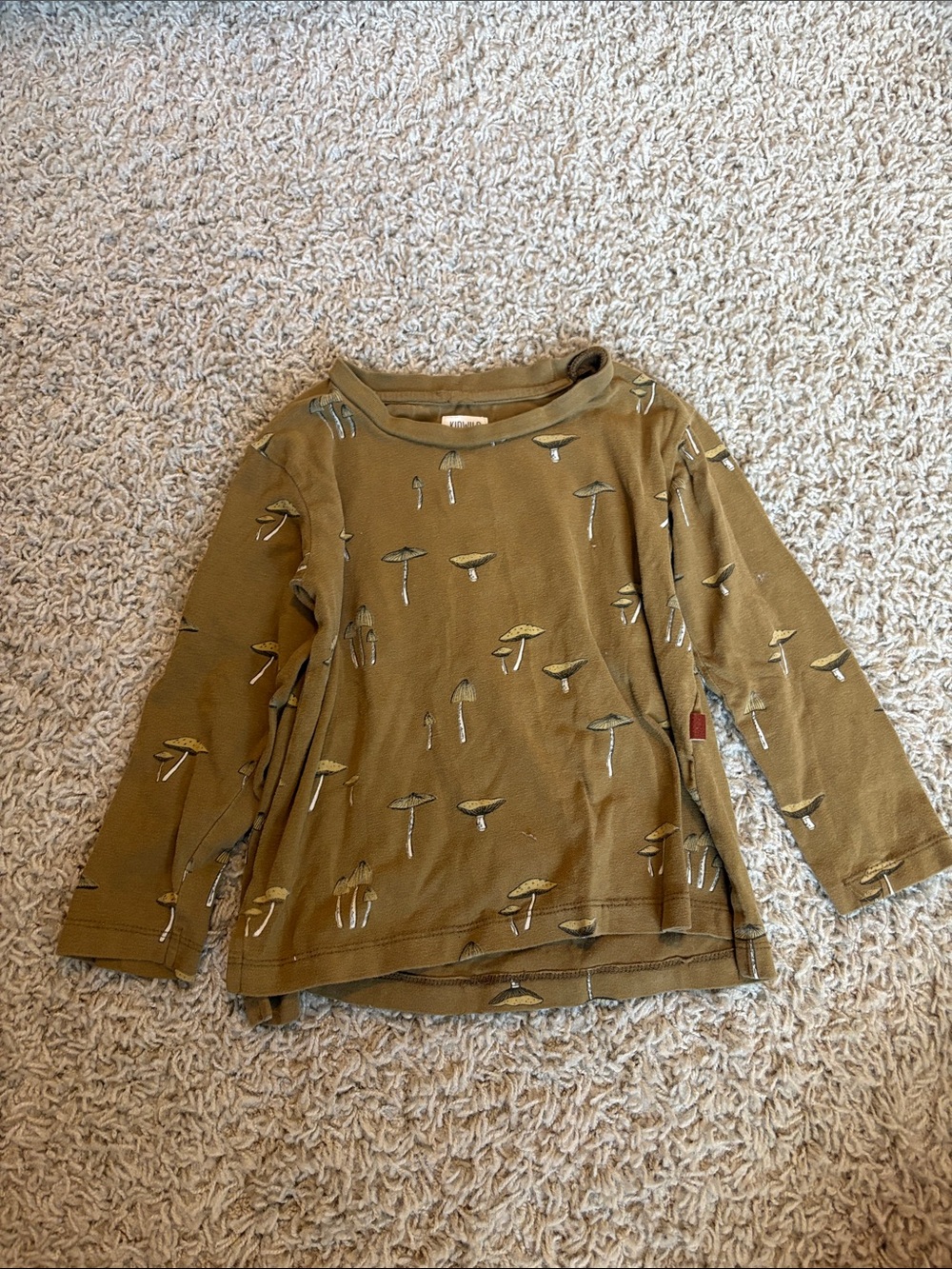 Kids Long Sleeve Mushroom Print Top - Olive Green